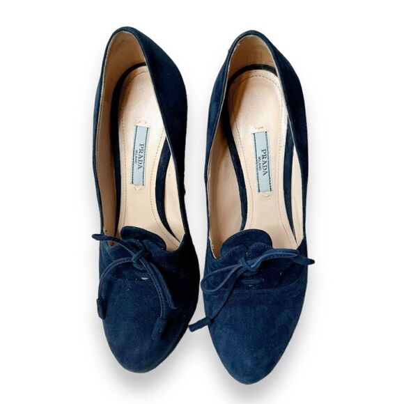 PRADA Calzature Donna Blue Suede Lace Up Suede Platform Heels Pumps Women’s 38 - Picture 3 of 12